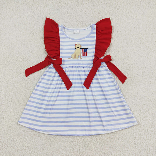 Baby Girls Embroidery 4th Of July Dog Flag Blue Stripes Bows Knee Length Dresses