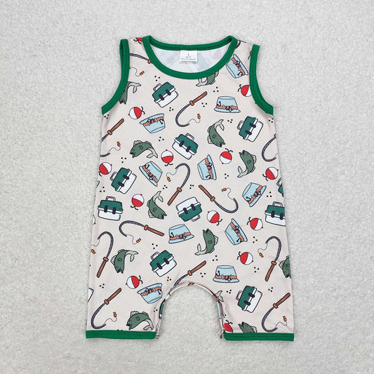 Baby Boys Fishing Green Sleeveless Rompers