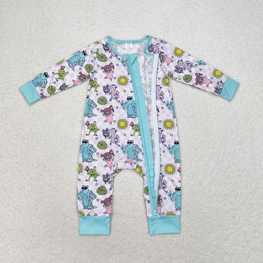 Baby Infant Girls Monster Blue Checkered Zip Bamboo Rompers