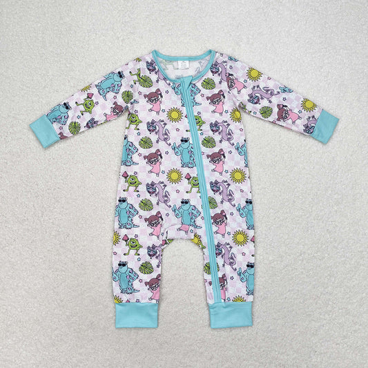 Baby Infant Girls Monster Blue Checkered Zip Bamboo Rompers