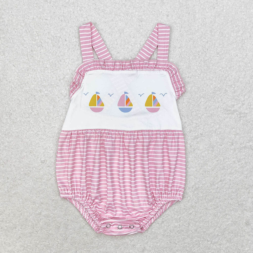 Baby Infant Girls Pink Stripes Sailboat Straps Summer Rompers