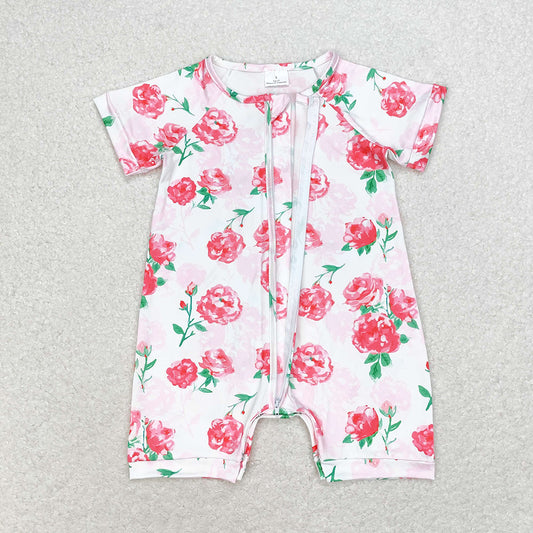 Baby Infant Girls Bright Pink Flowers Zip Short Sleeve Rompers