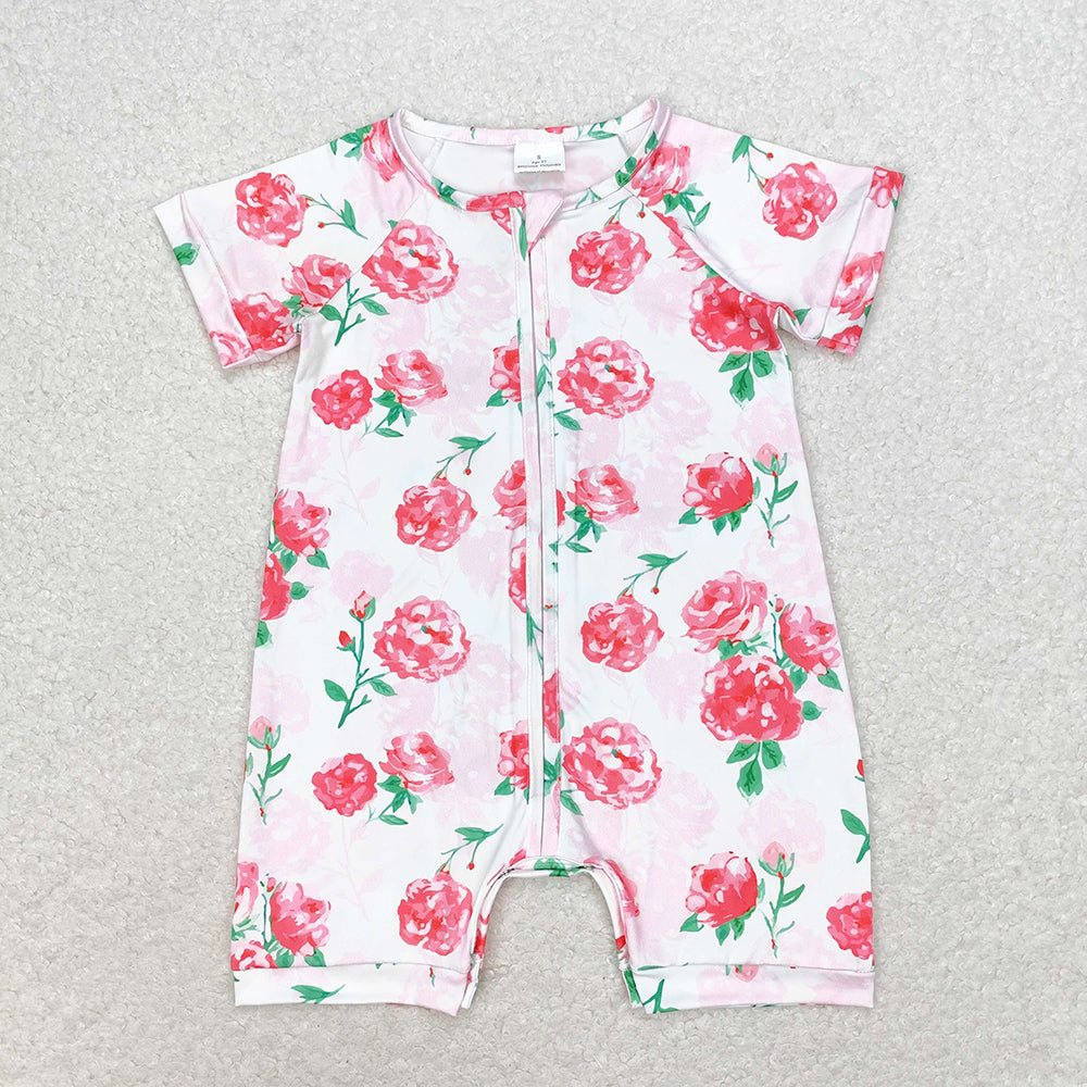 Baby Infant Girls Bright Pink Flowers Zip Short Sleeve Rompers