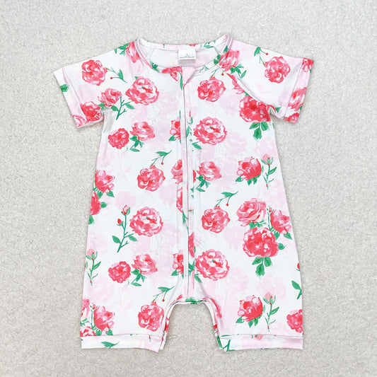 Baby Infant Girls Bright Pink Flowers Zip Short Sleeve Rompers