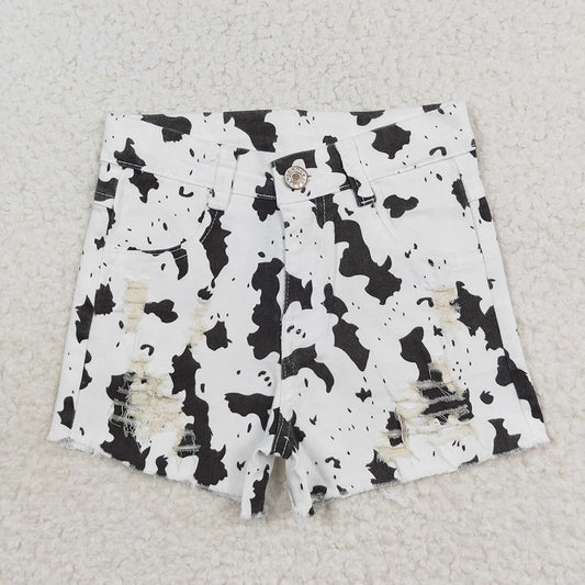 Baby Girls Black White Cow Distressed Denim Shorts