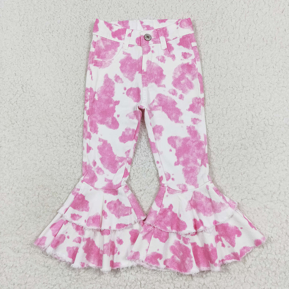 Baby Girls Pink Cow Double Ruffle Bell Flare Denim Pants