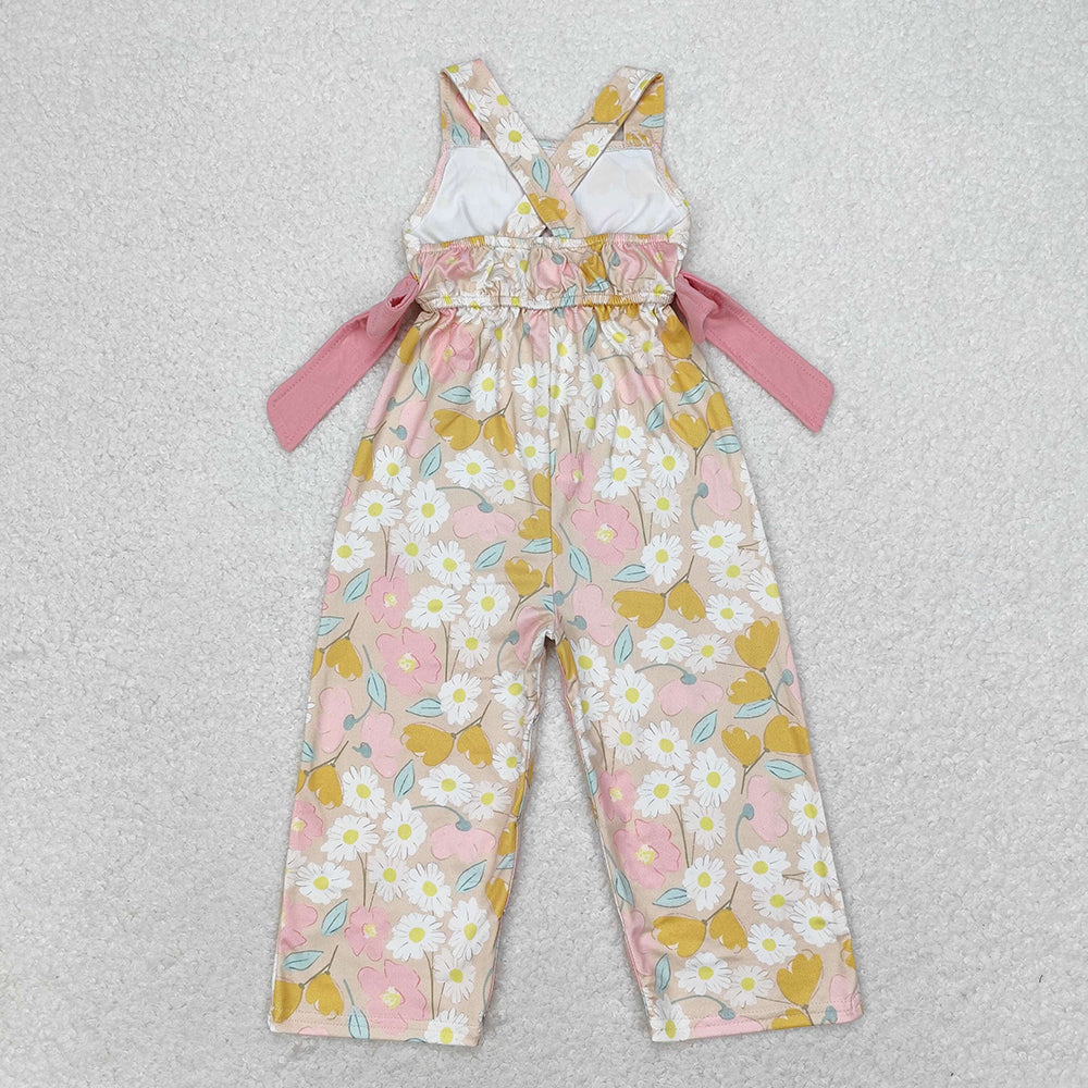 Baby Girls Pink Flowers Straps Bows Long Pants Jumpsuits