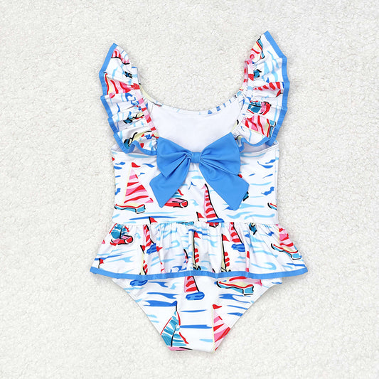 Baby Girls Blue Boats Bow Top Bummie Bows Swimsuits