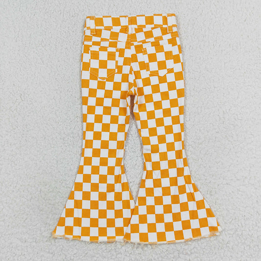 Baby Girls Orange Checkered Bell Flare Denim Pants