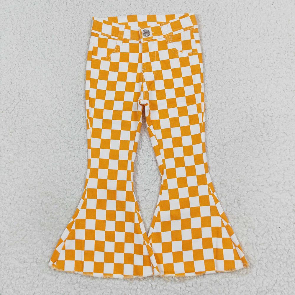 Baby Girls Orange Checkered Bell Flare Denim Pants