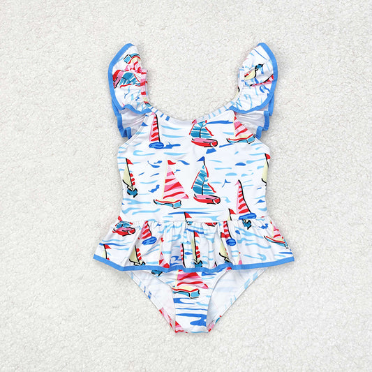 Baby Girls Blue Boats Bow Top Bummie Bows Swimsuits