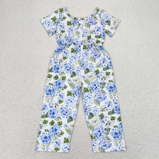 Baby Girls Blue Flowers Short Sleeve Pockets Pants Jumpsuits