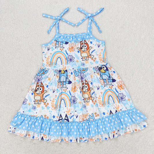 Baby Girls Straps Dogs Ruffle Knee Length Dresses