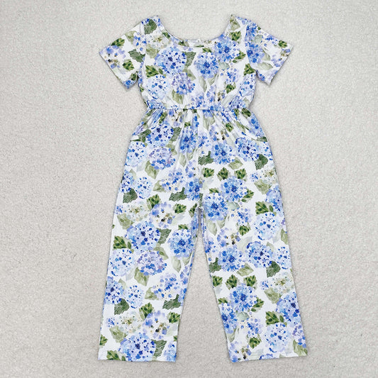 Baby Girls Blue Flowers Short Sleeve Pockets Pants Jumpsuits