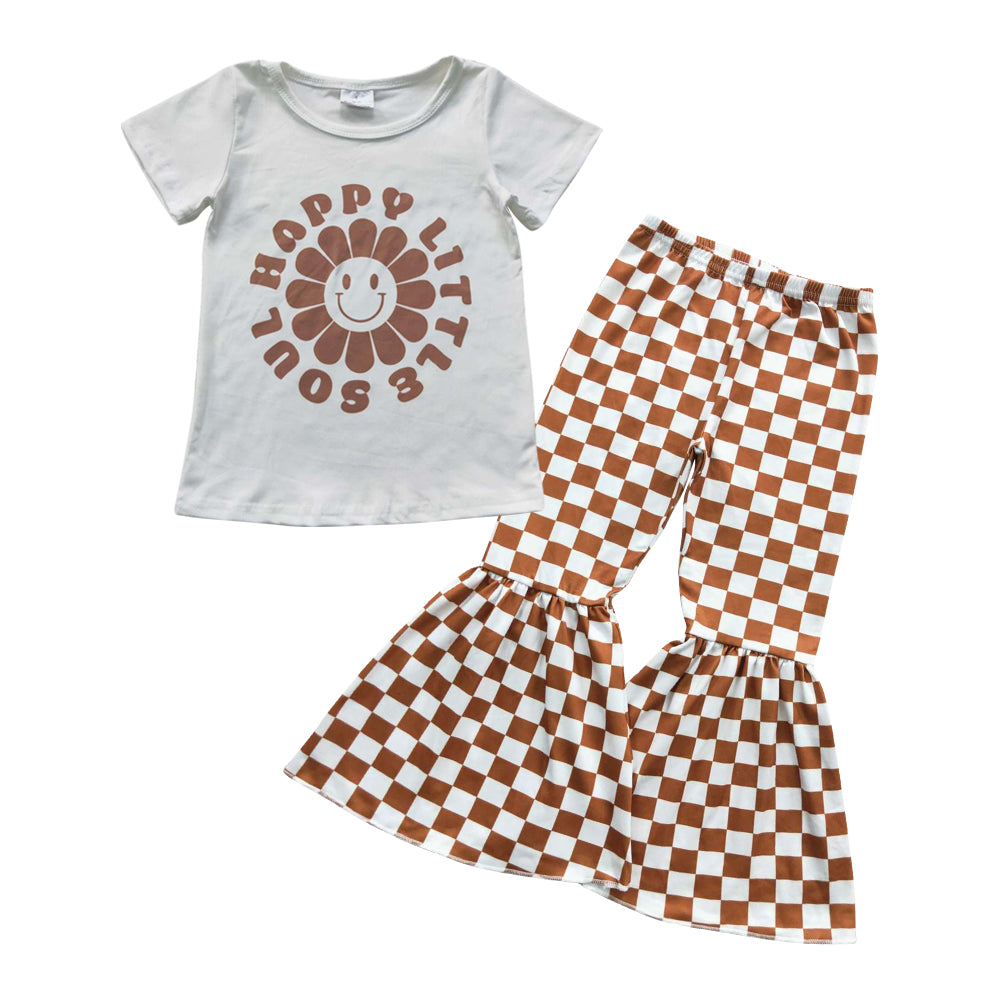 Baby Girls Happy Flowers Shirt Checkered Bell Pants Clothing Sets