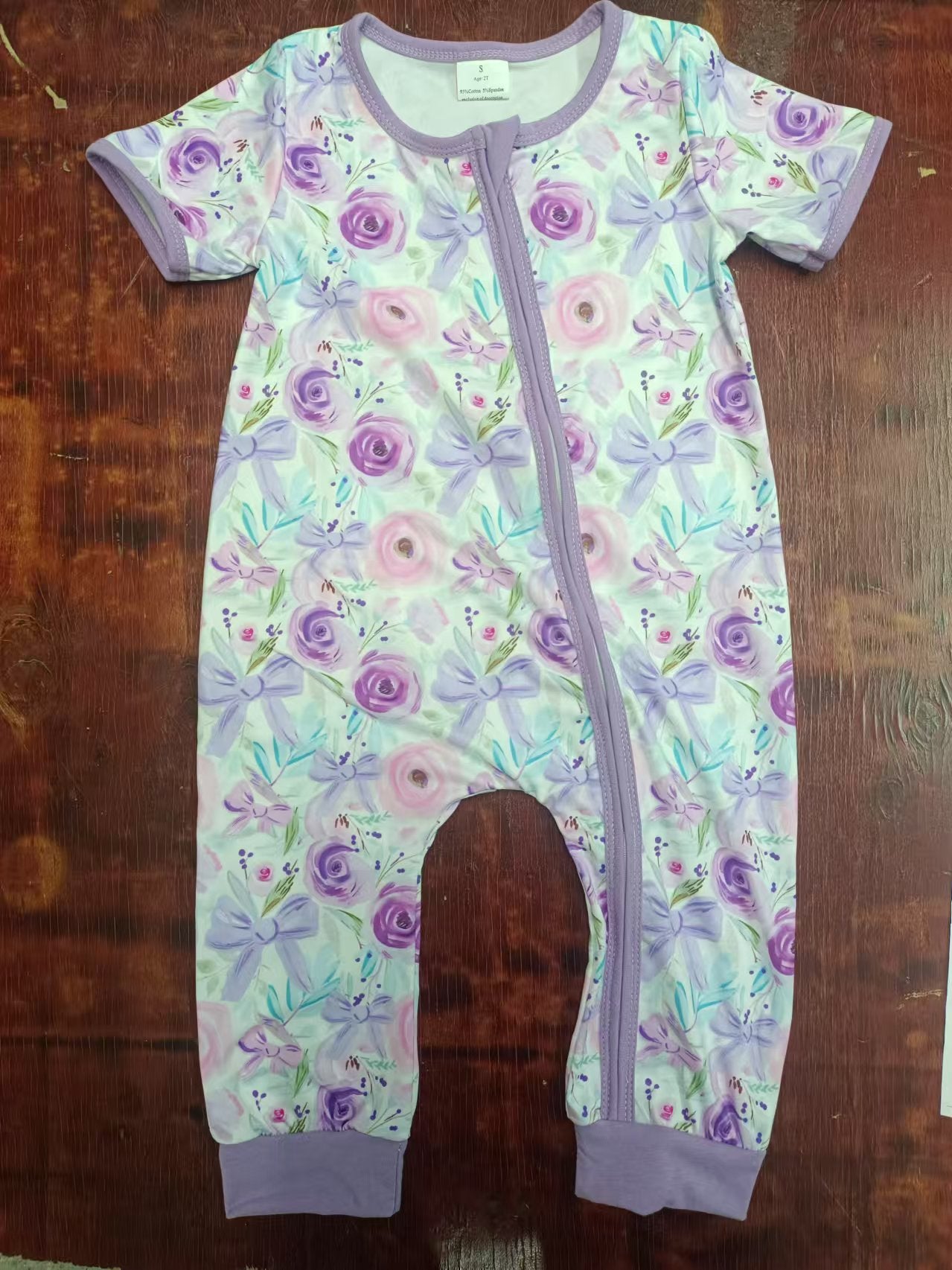 Preorder(moq 5)Baby Infant Girls Flowers Bows Lavender Zip Rompers