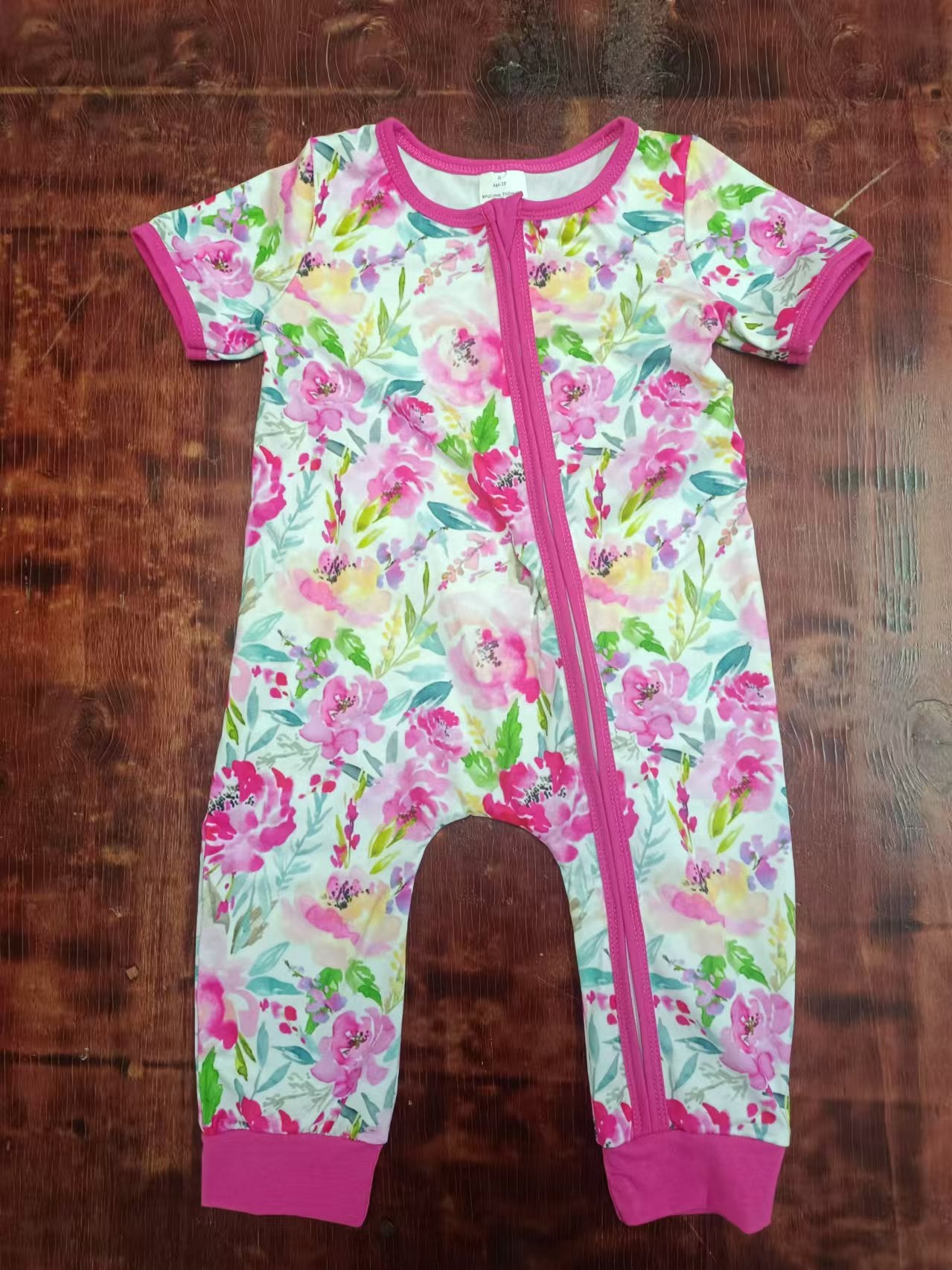 Preorder(moq 5)Baby Infant Girls Flowers Pink Zip Rompers