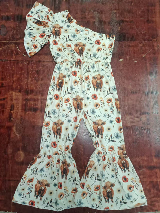 Preorder (moq 5)Baby Girls Western Highland Cow One Shoulder Jumpsuits