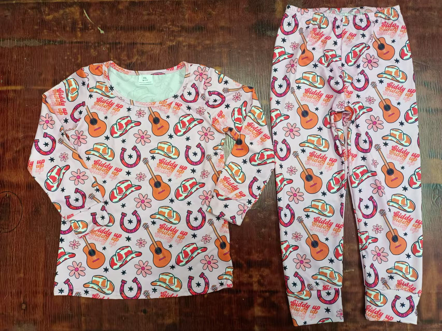 Preorder (moq 5)Baby Girls Western Guitar Hats Top Pants Pajamas