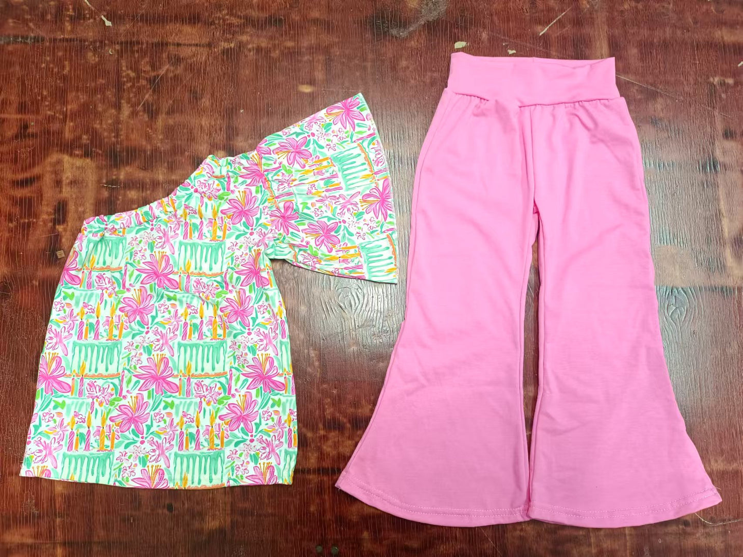 Preorder (moq 5)Baby Girls Flowers One Shoulder Top Bell Pants Pajamas