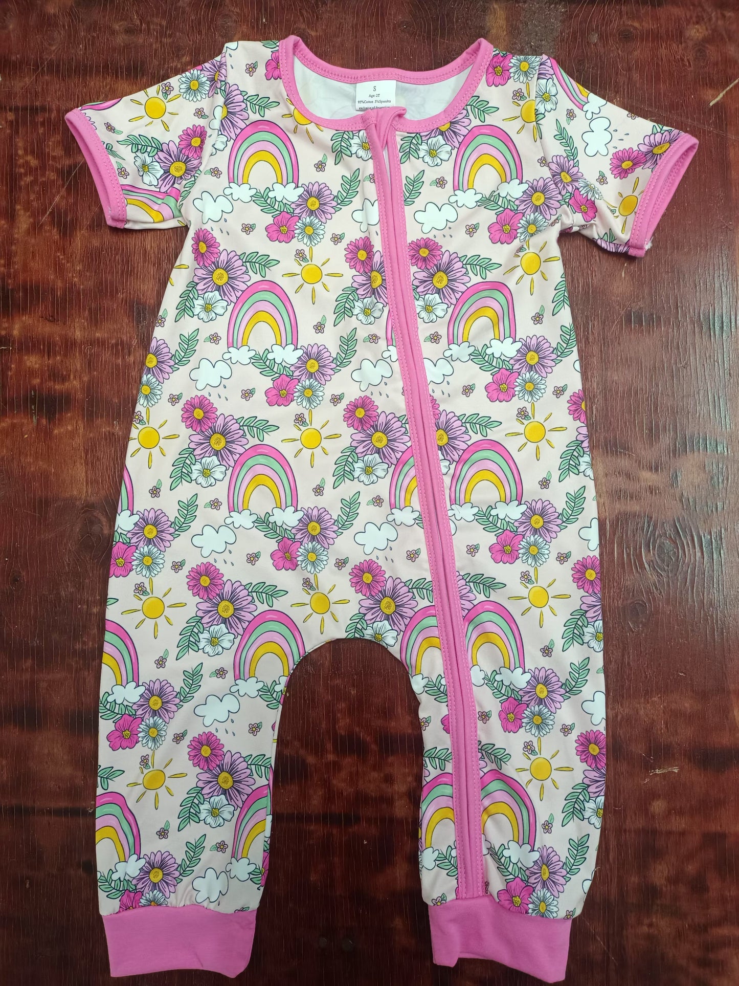 Preorder(moq 5)Baby Infant Girls Flowers Rainbow Pink Zip Rompers