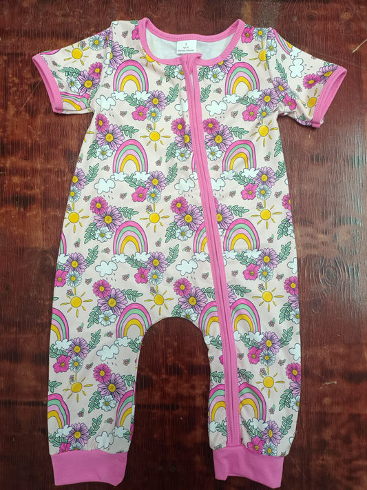 Preorder(moq 5)Baby Infant Girls Flowers Rainbow Pink Zip Rompers