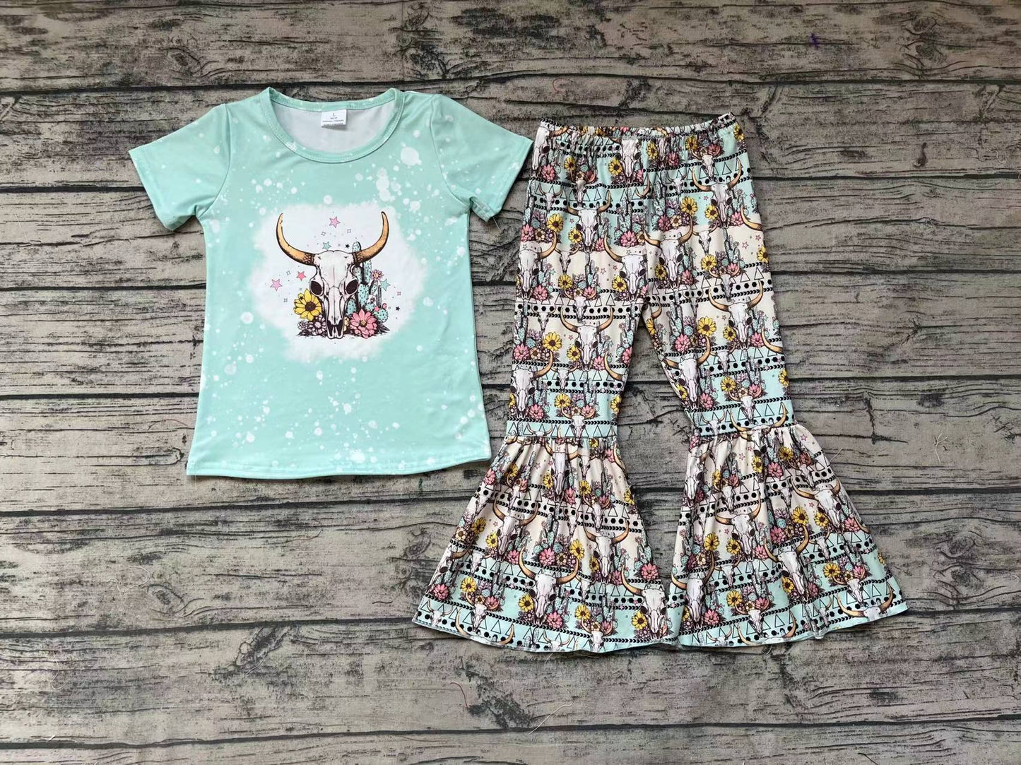 Baby Girls Cow Skull Short Sleeve Tops Western Sunflower Bell Pants Clothes Sets