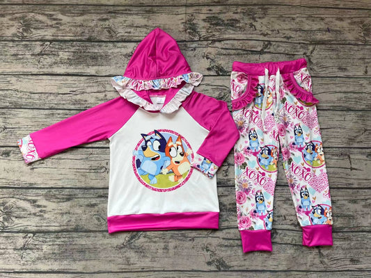 Baby Girls Pink Hooded Long Sleeve Top Pants Valentines Dogs Clothing Sets