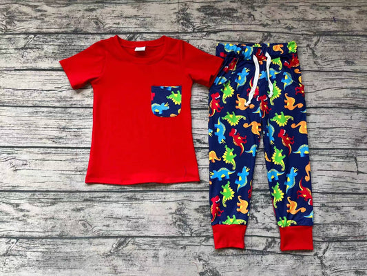Baby Boys Red Short Sleeve Tee Shirts Dinosaur Pants Clothes Sets