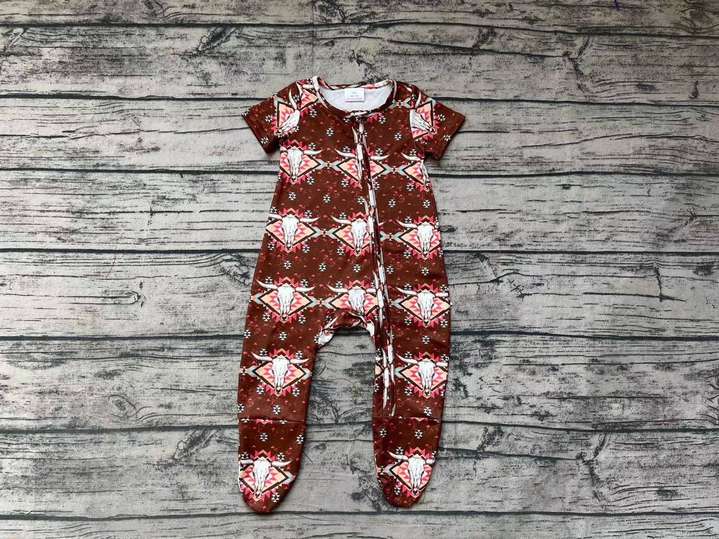 Baby Boys Western Aztec Cow Brown Short Sleeve Footie Rompers