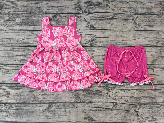 Baby Girls Pink Flowers Ruffle Tunic Shorts Clothes Sets