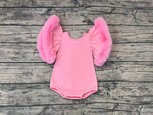 Baby Infant Girls Valentines Pink Fur Flutter Sleeve Rompers
