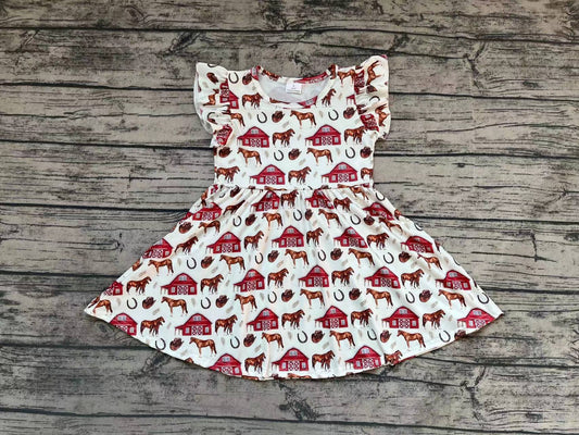 Baby Girls Flutter Sleeve Farm Horse Knee Length Dresses