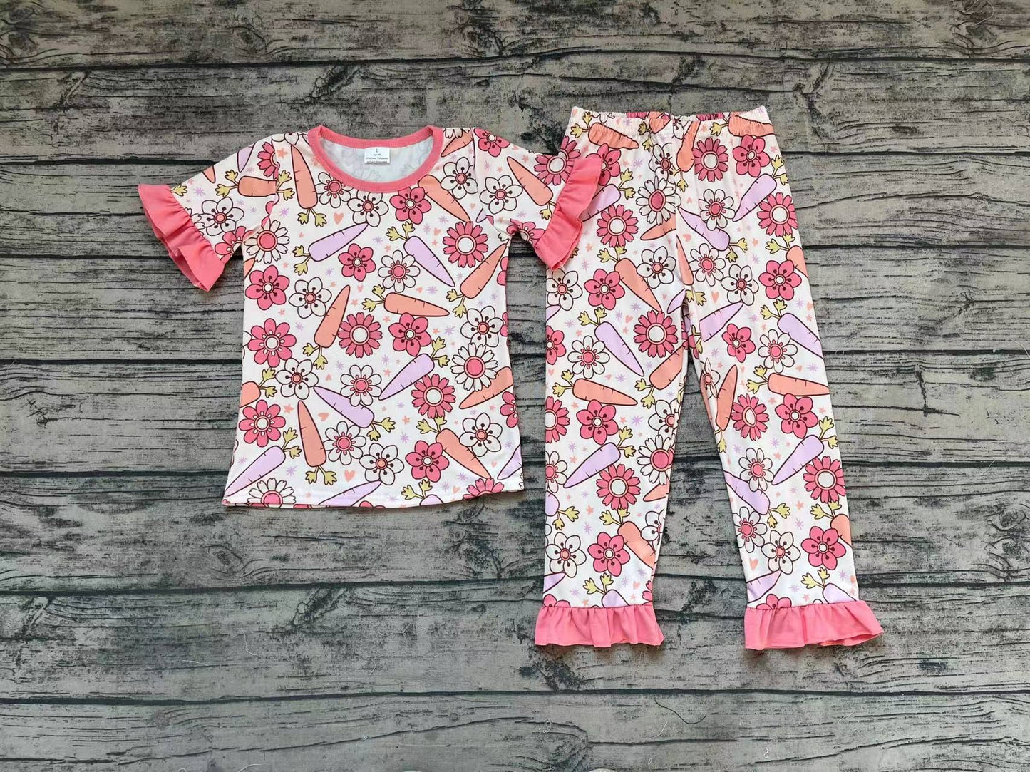 Baby Girls Easter Carrot Flowers Short Sleeve Top Pants Pajamas Clothes Sets