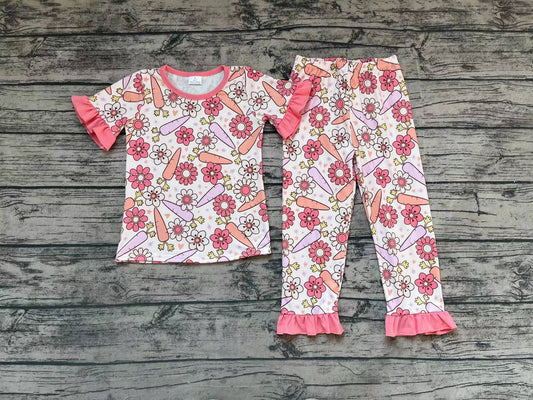 Baby Girls Easter Carrot Flowers Short Sleeve Top Pants Pajamas Clothes Sets