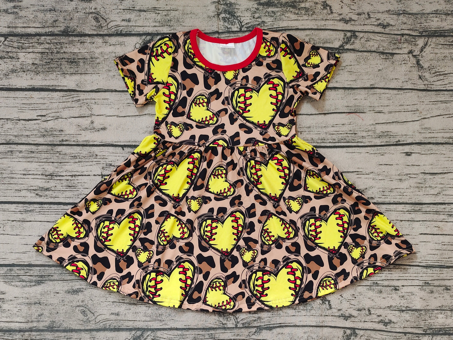 Baby Girls Softball Short Sleeve Leopard Knee Length Dresses