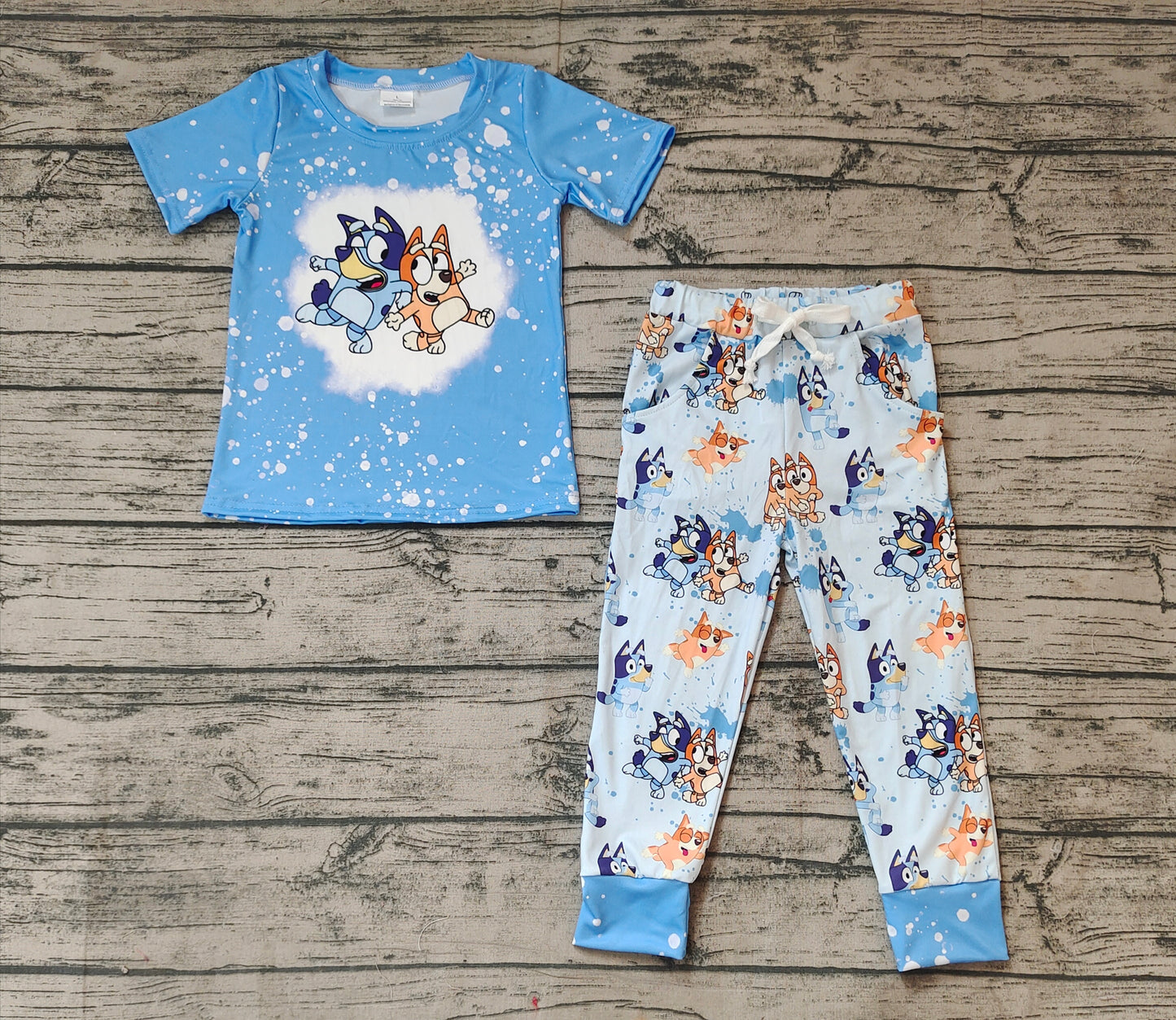 Baby Boys Blue Dog Short Sleeve Shirt Top Pants Clothes Sets