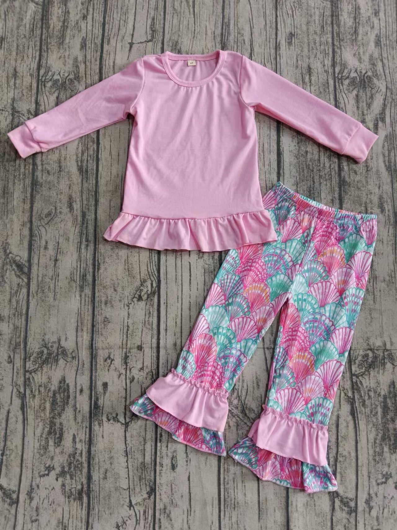 Preorder (moq 5)Baby Girls Pink Top Seashell Ruffle Pants Outfits Clothes Sets