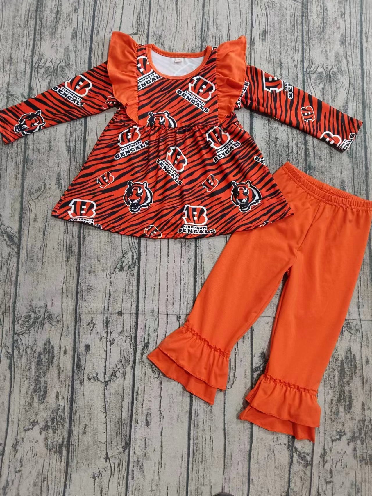 Baby Kids Girls Football Orange Bengals tiger Team Tunic Pants Clothes Sets preorder(MOQ 5)
