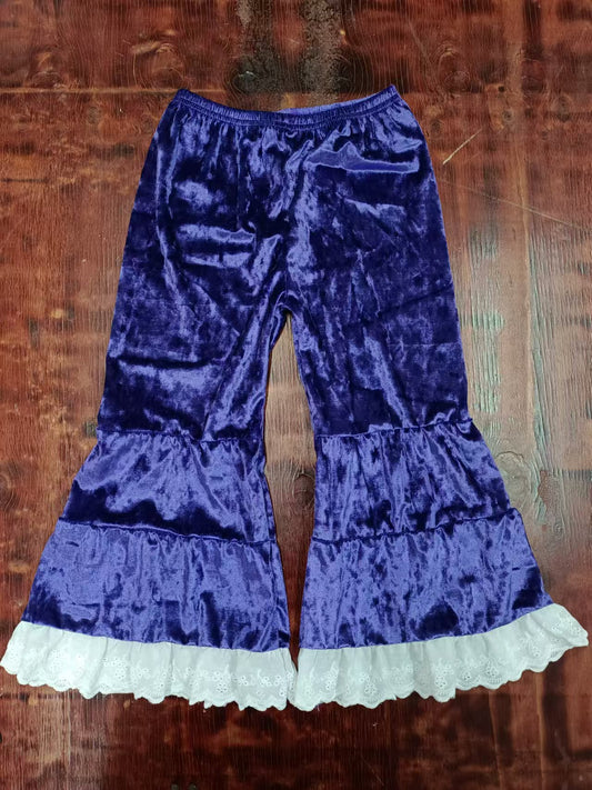Preorder (moq 5)Baby Girls Purple Velvet Lace Ruffle Bell Bottom Pants