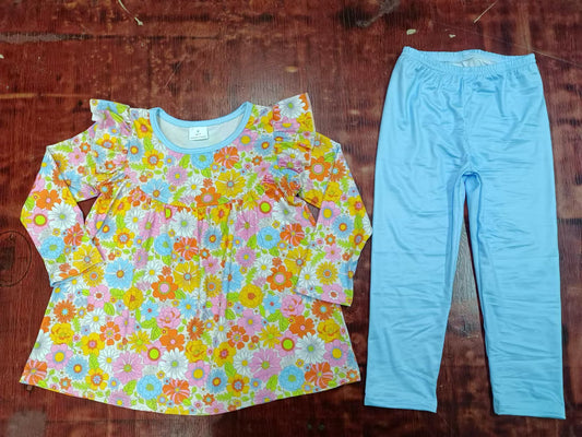 Preorder (moq 5)Baby Girls Flowers Flutter Sleeve Tunic Legging Outfits Clothes Sets