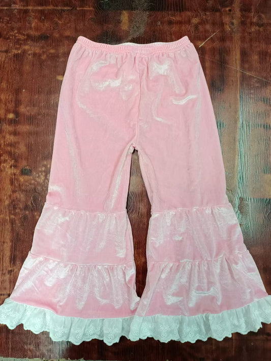 Preorder (moq 5)Baby Girls Pink Velvet Lace Ruffle Bell Bottom Pants