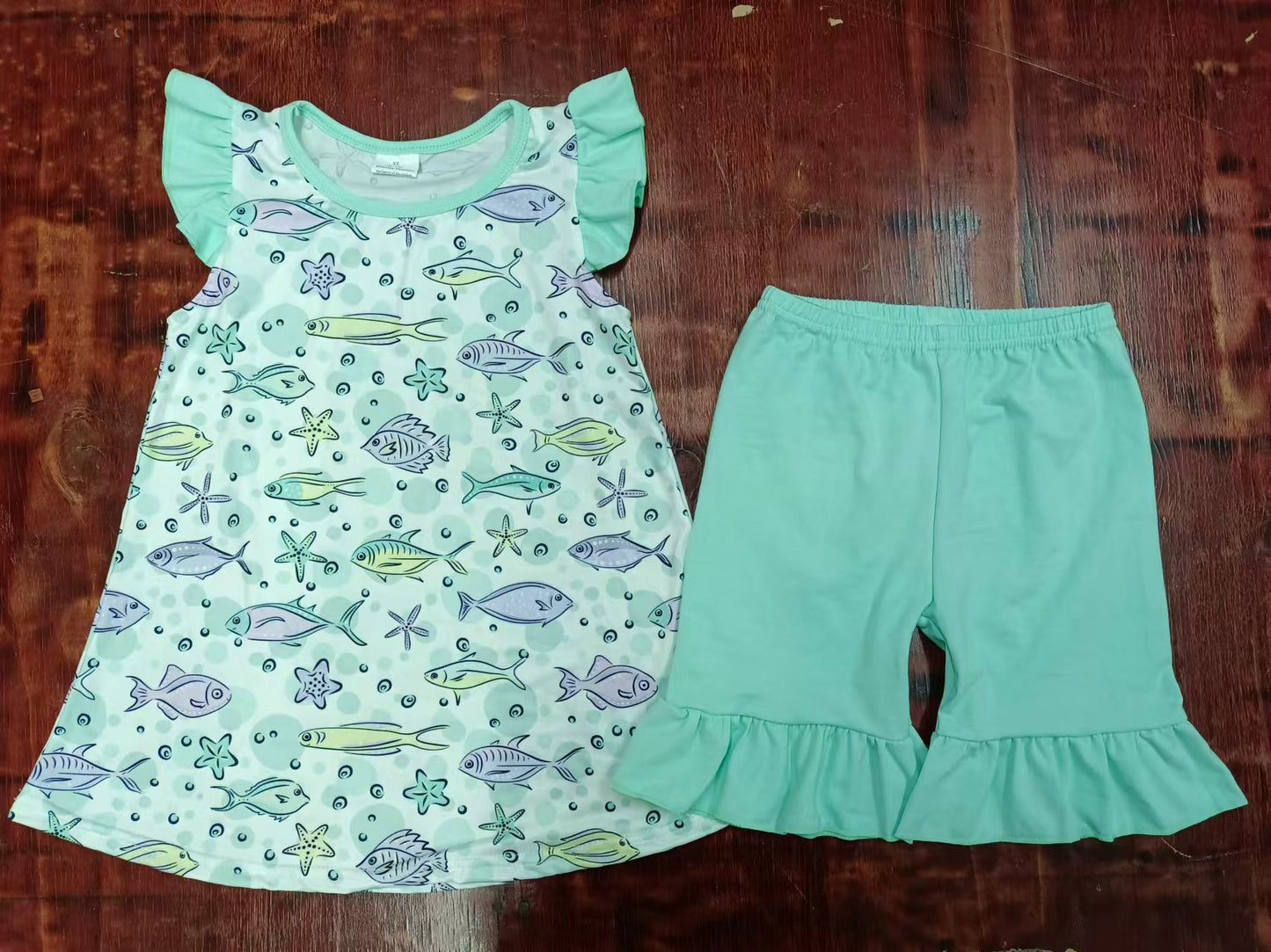 Preorder (moq 5)Baby Girls Fishing Flutter Sleeve Tunic Ruffle Shorts Clothes Sets