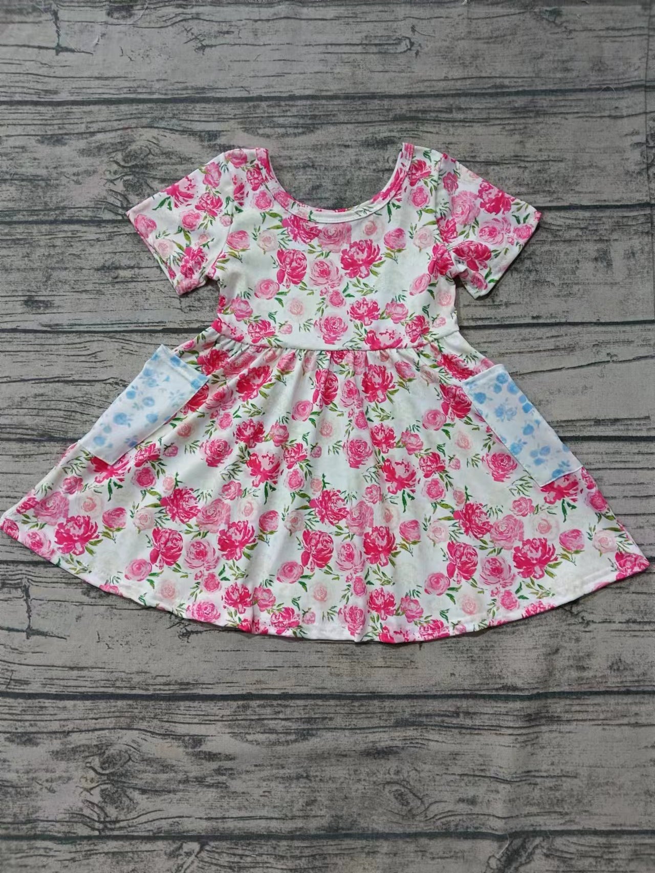 Baby Girls Short Sleeve Pink Flowers Pockets Knee Length Dresses preorder (moq 5)