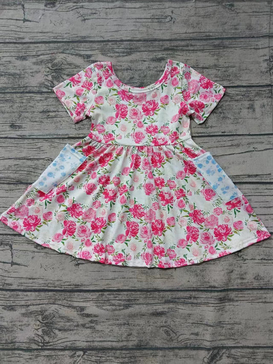 Baby Girls Short Sleeve Pink Flowers Pockets Knee Length Dresses preorder (moq 5)