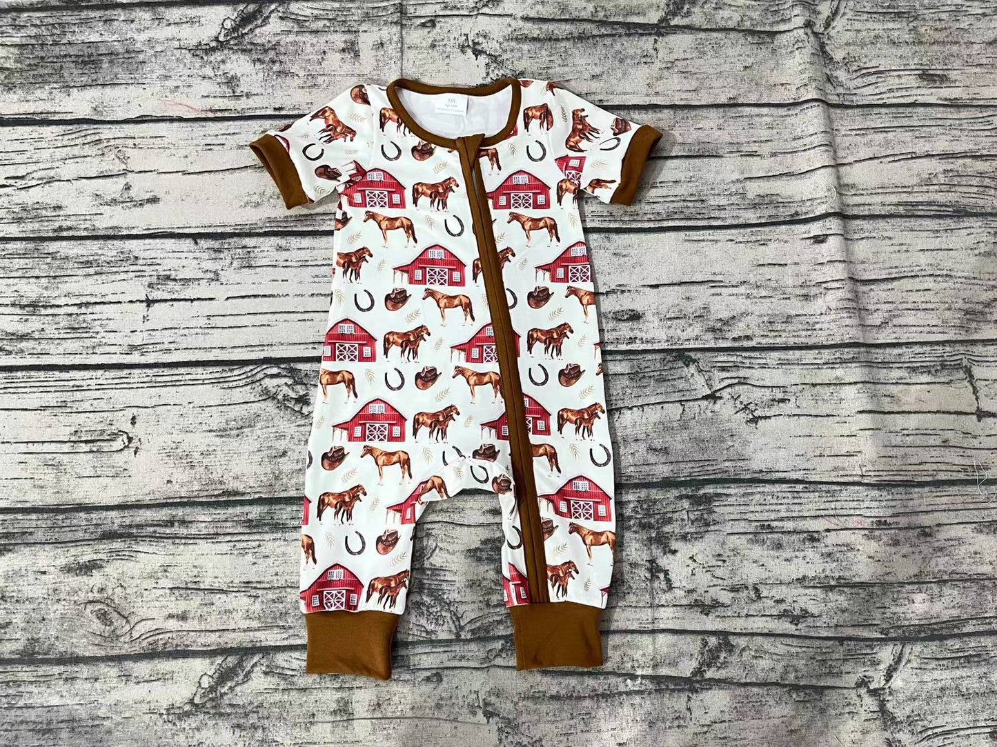 Baby Infant Boys Short Sleeve Farm Horse Zip Rompers