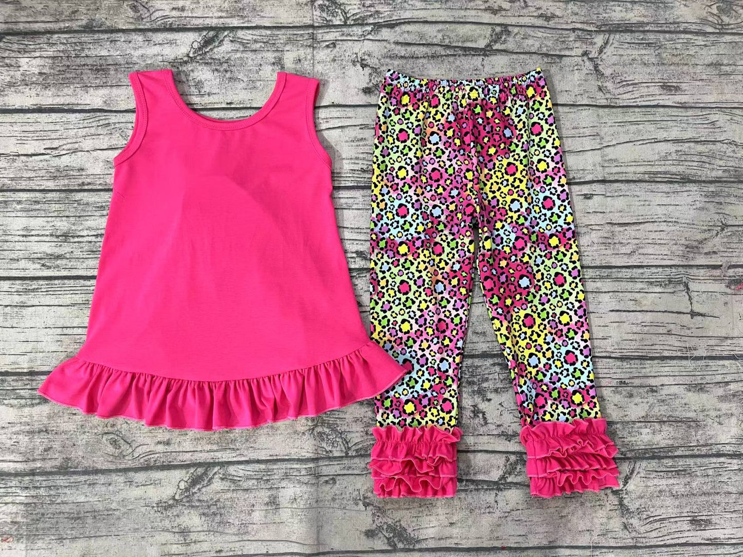 Baby Girls Hotpink Bow Tunic Top Leopard Icing Ruffle Pants Clothes Sets