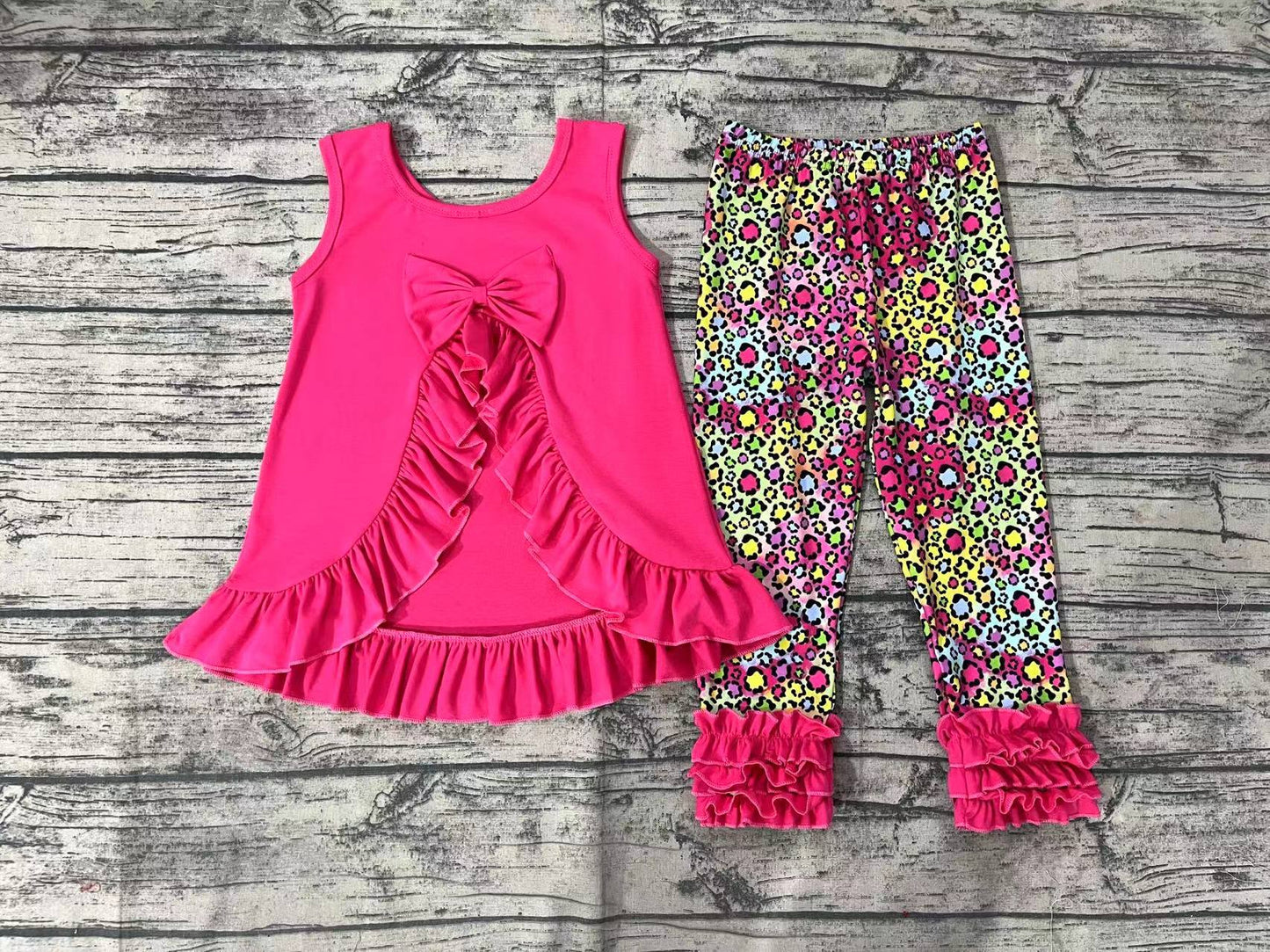 Baby Girls Hotpink Bow Tunic Top Leopard Icing Ruffle Pants Clothes Sets