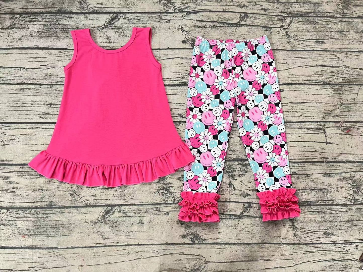 Baby Girls Hotpink Bow Tunic Top Smile Flowers Icing Ruffle Pants Clothes Sets