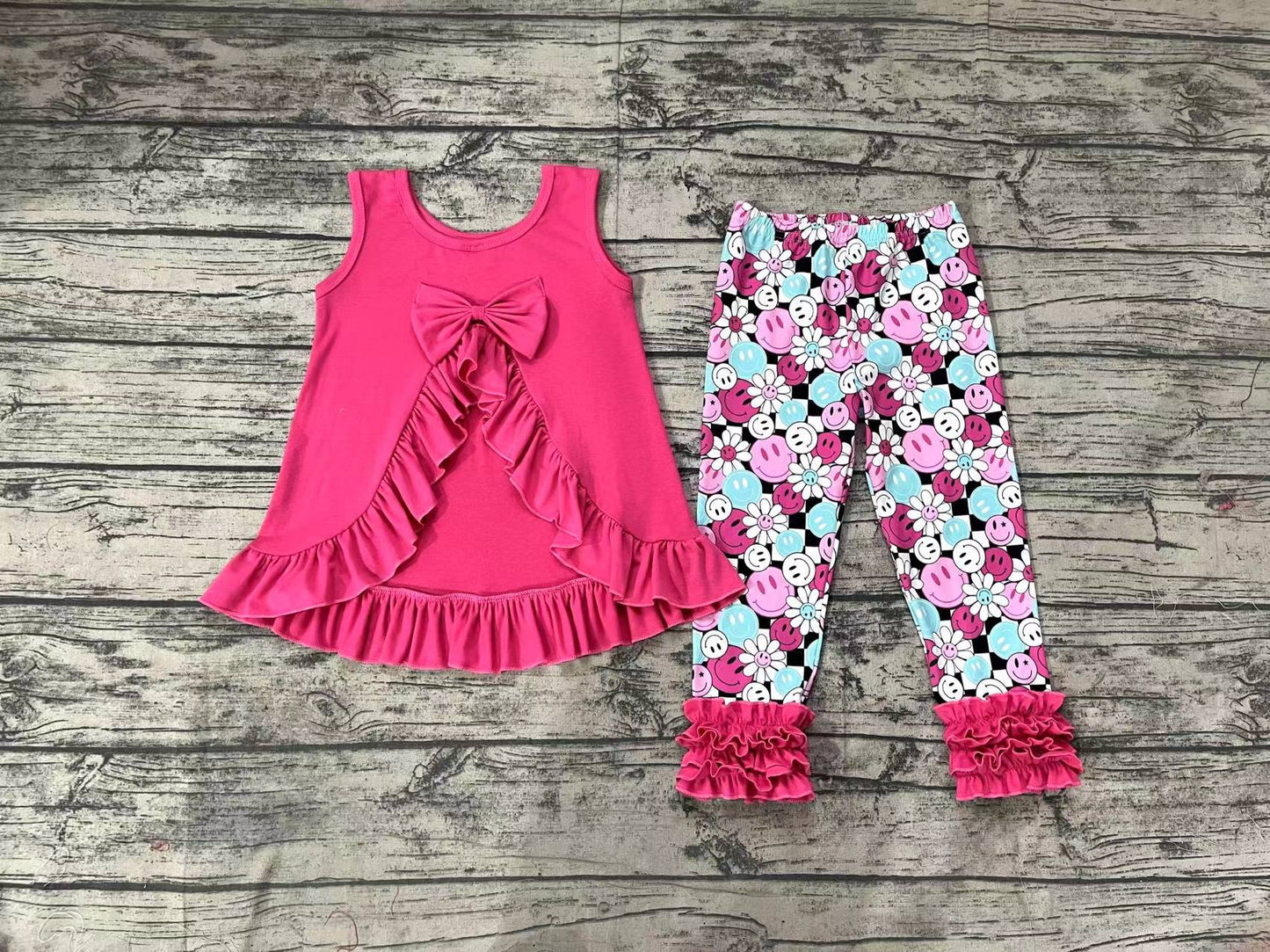 Baby Girls Hotpink Bow Tunic Top Smile Flowers Icing Ruffle Pants Clothes Sets